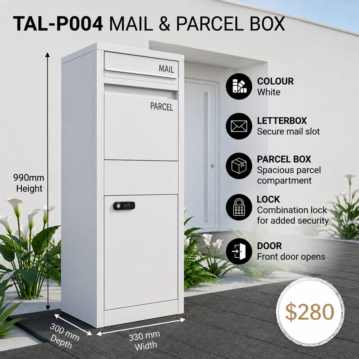 TAL-P004 freestanding mail and parcel letterbox available from Evergreen Exteriors Care