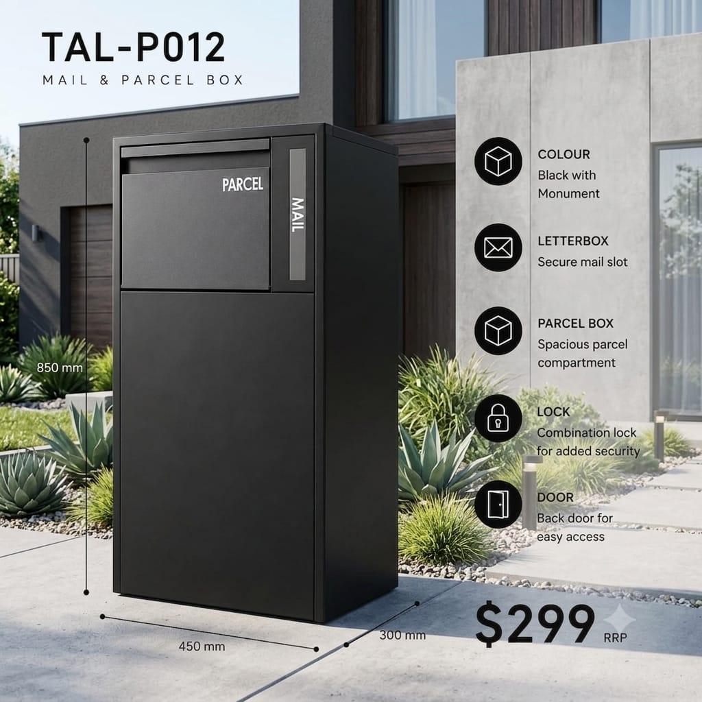 TAL-P012 freestanding mail and parcel letterbox available from Evergreen Exteriors Care